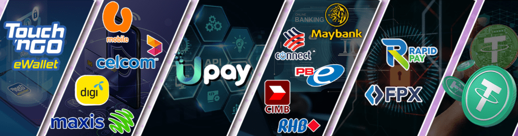 topup,UPAY, Rapid Pay, USDT Cryptocurrency, TnG E-wallet, and FPX online banking.